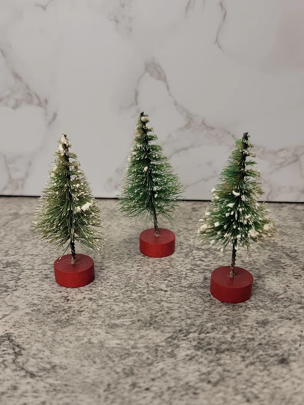 Vintage Bottle Brush Christmas Trees Set of Three with Snowy Tips and Red Bases